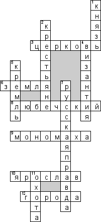 Кроссворд по предмету истории - на тему 'Киевская Русь IX-XI веке'