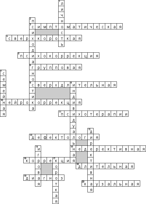 Кроссворд по предмету психологии - на тему 'Основные направление психологической коррекции и их характеристика'