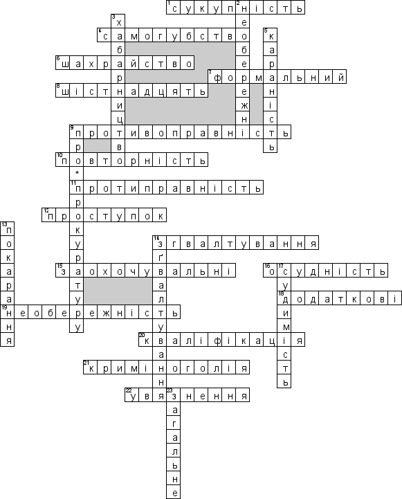 Кроссворд по предмету Правознавство (укр.) - на тему 'Кримiнальне право (укр.)'