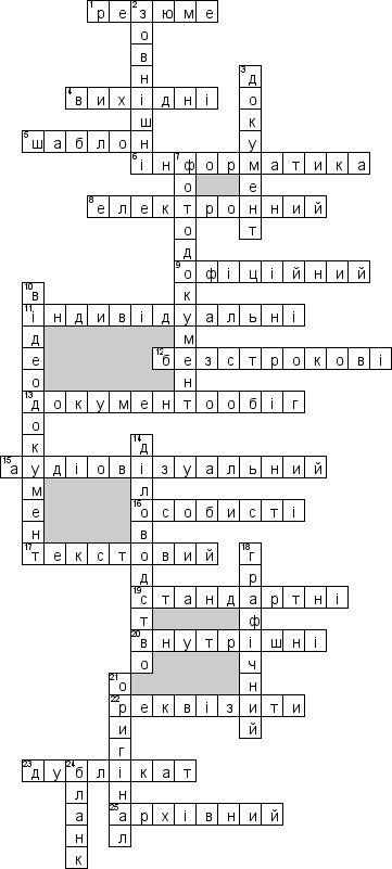 Кроссворд по предмету Iнформатика (укр.) - на тему 'Документообiг (укр.)'